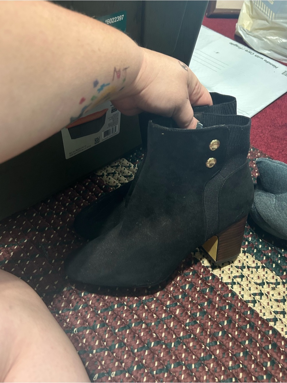 easy street Black Suede Ankle Boot with Stacked Heel and Gold Accent